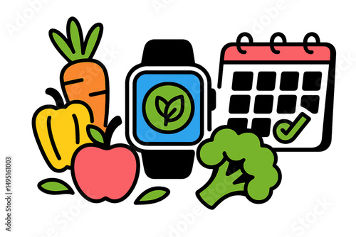 Healthy lifestyle illustration featuring a smartwatch, fresh produce, and a meal planner in a vibrant modern style