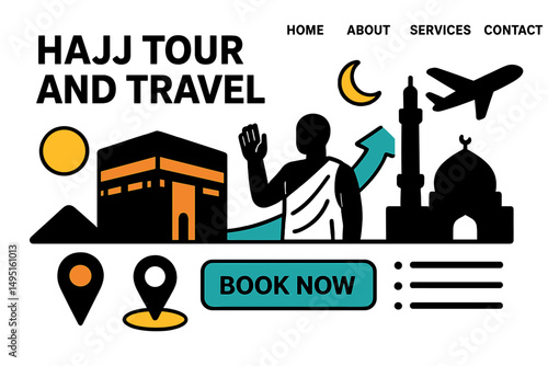 Modern vector illustration showcasing Hajj tour and travel services with key landmarks and travel elements