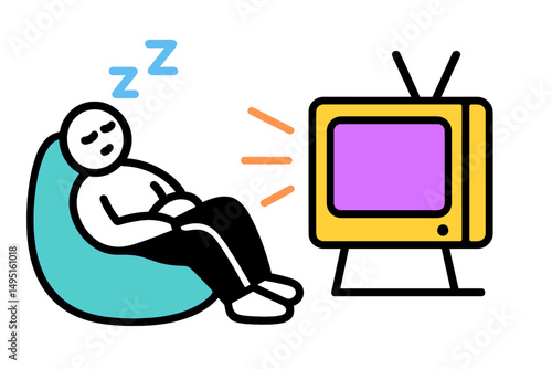 Relaxing person naps in a cozy chair while watching a vintage television set displaying colorful imagery