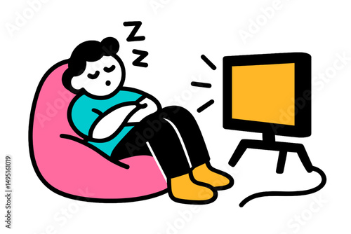 Person relaxing on a bean bag chair while watching television during a cozy evening at home