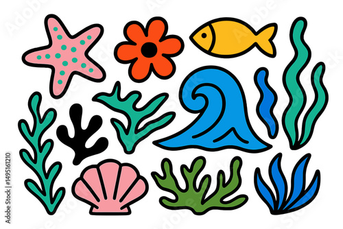 Bright underwater life with fish, waves, and coral in a vibrant vector style illustration