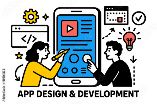Creative collaboration in app design and development featuring modern vector illustration of professionals at work