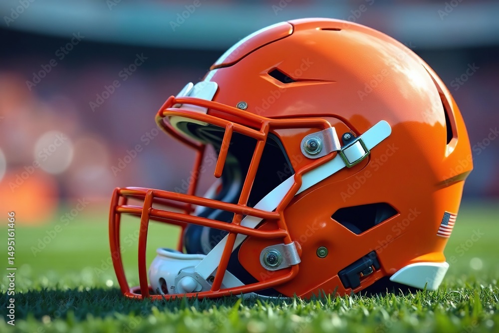 Fototapeta premium Brightly colored football helmet, close-up showing details of paint and decals , visors, safety, sports equipment