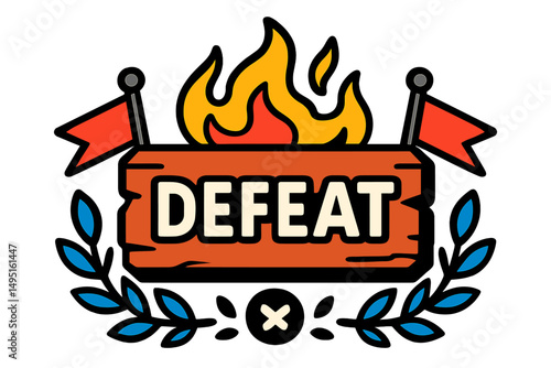 Vector illustration of a defeat symbol featuring flames, flags, and a wooden sign in a vibrant design