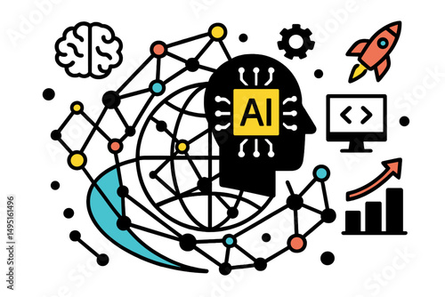 Modern vector illustration depicting artificial intelligence concepts and global connectivity within a technology framework