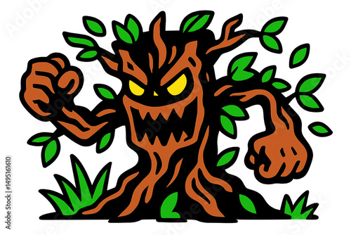 Vector illustration of a fierce tree creature with angry eyes and leafy branches in a stylized cartoon design