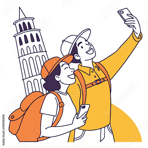 vector of travelers taking selfie in front of landmark