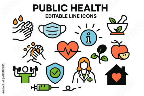 Vector illustration highlighting public health icons including hygiene practices, medical symbols, and wellness activities