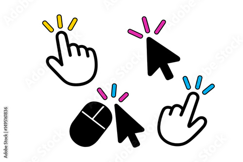 Modern vector illustration of cursor and hand symbols with colorful accents expressing interaction in digital environments