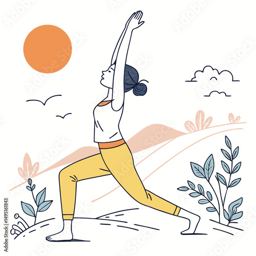 Flat style vector of a woman doing yoga in the morning sunlight