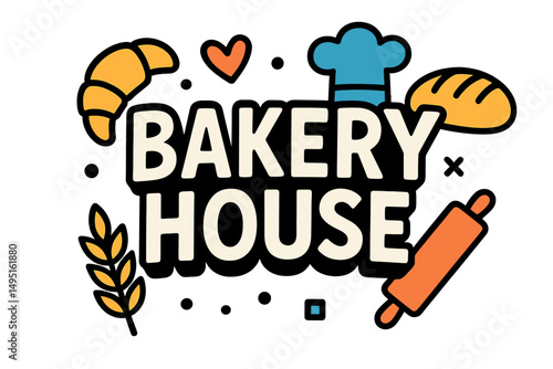 Colorful vector illustration featuring a bakery house with croissants, bread, and baking tools in a cheerful design