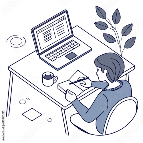 Flat design of a student attending online class at home