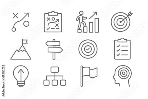 Modern vector illustration portraying various icons representing planning, strategy, and goal setting in a business environment