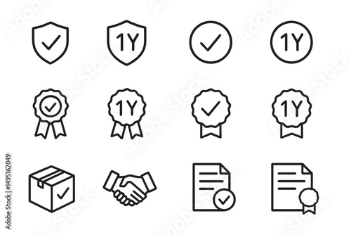 Vector illustration of award symbols including shields, ribbons, and check marks representing one year achievements in a minimalist style