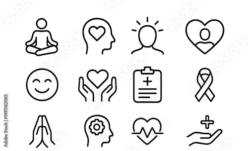Modern vector illustration of mental health and wellness symbols promoting self-care and mindfulness practices for inner peace