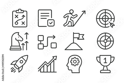 Vector illustration showcasing strategic planning, growth, and achievement concepts featuring various symbols and icons