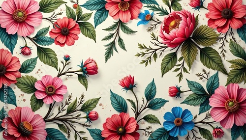 Intricate floral textile design, repeating motif, backdrop, surface pattern