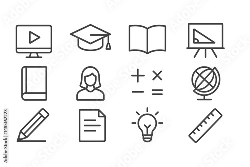 Modern vector illustration depicting educational elements, including digital media, graduation, and learning tools in a minimalist style