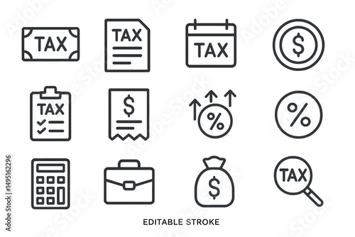 Modern vector illustration displaying essential tax-related icons for financial and accounting contexts, emphasizing organization and analysis