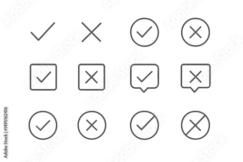 Modern vector illustration of check and cross mark symbols in various styles and arrangements on a minimalistic background