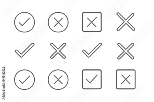 Collection of modern vector check and cross icons in minimalist design for various applications and user interfaces