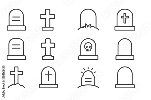 Vector illustration of various grave markers and tombstones featuring crosses and skulls in a minimalist style