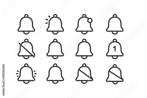 Collection of modern vector bell icons representing different notification states and alerts in a simplified design