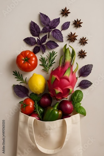 A reusable canvas grocery tote bag bursting with colorful, stylized gourmet ingredients—dragon fruit, purple basil, star anise—evoking eco-friendly, food-brand visuals