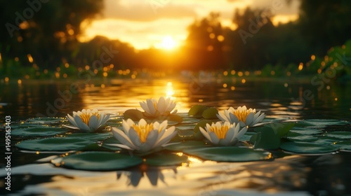 Sunset lilies on a tranquil pond