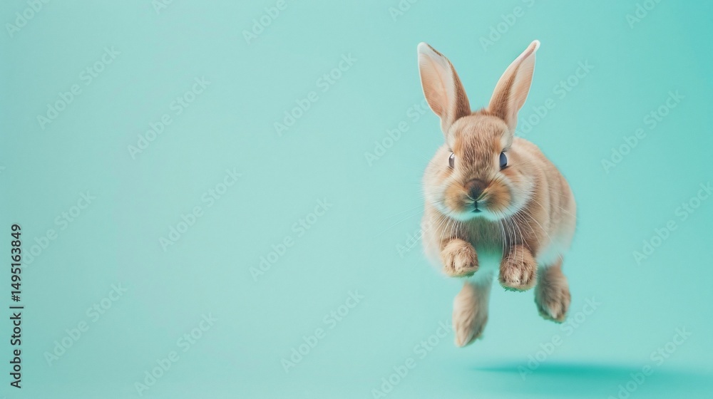 Obraz premium Adorable bunny in mid-air jump against pastel backdrop