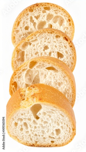 Sliced baguette on white background with full depth of field for French cuisine or breakfast concept