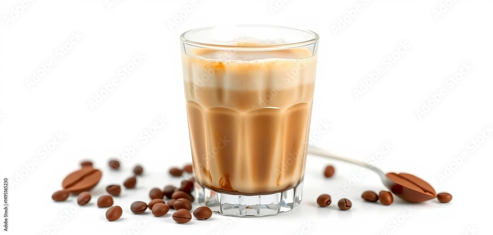 A creamy coffee latte in a clear glass, isolated on white, hot, cup A creamy coffee latte in a clear glass, isolated on white, hot, cup