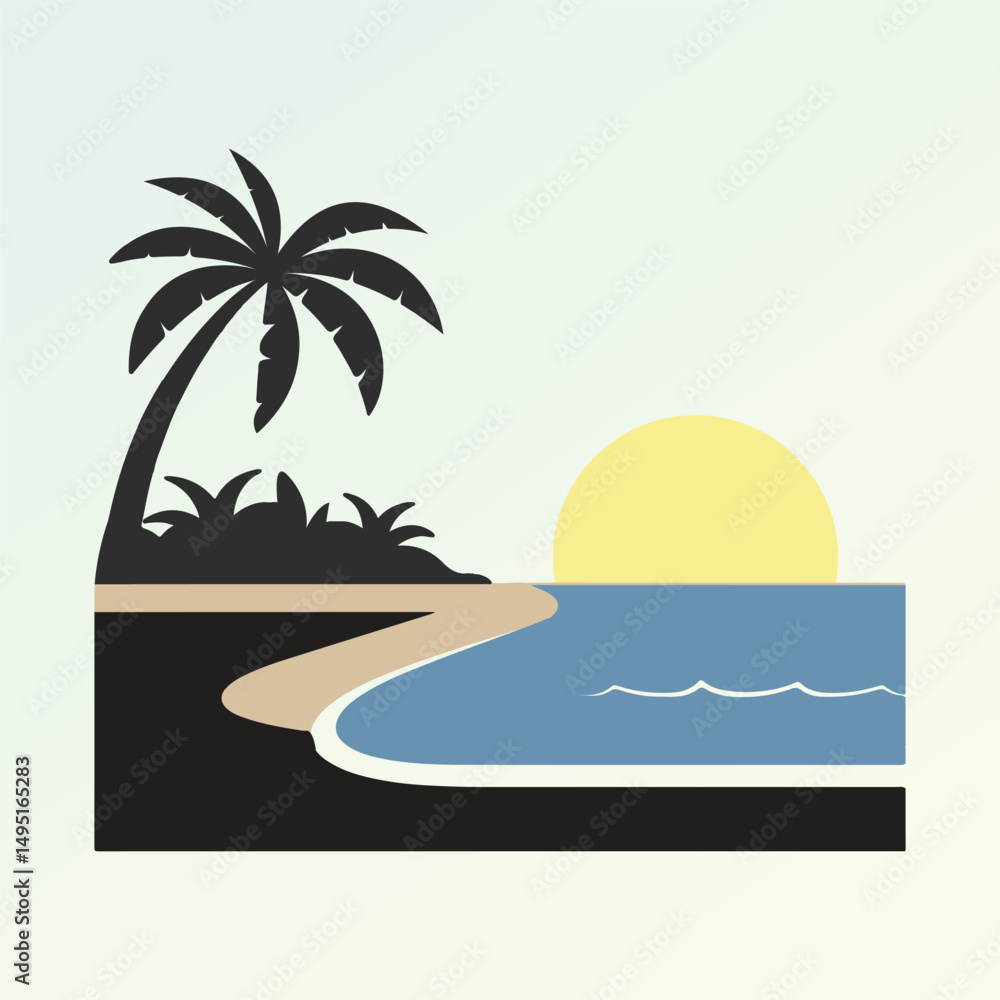 Obraz premium Tropical Beach Sunset with Palm Trees, Minimal Vector Illustration