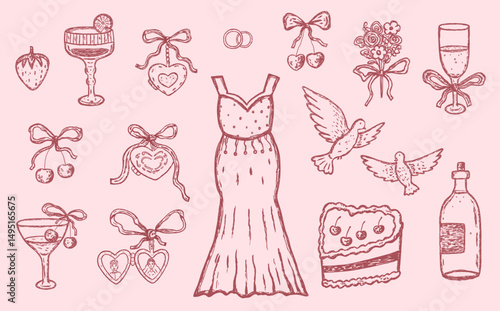 Set of vintage wedding whimsial sketch with bride dress, bouquet and locket in pink color