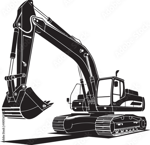 Mini excavator silhouette, construction vehicle vector illustration
