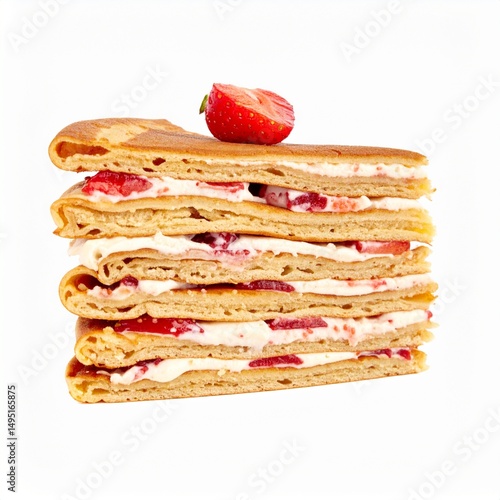 Sliced stack of pancakes with strawberry and cream isolated on white background for brunch or dessert concept