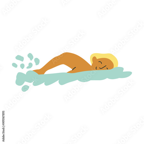 Cartoon young caucasian male swimming freestyle in water with blonde hair.