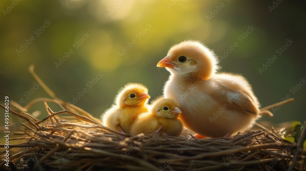 Adorable yellow chick family snugging in a nest, spring newborn background