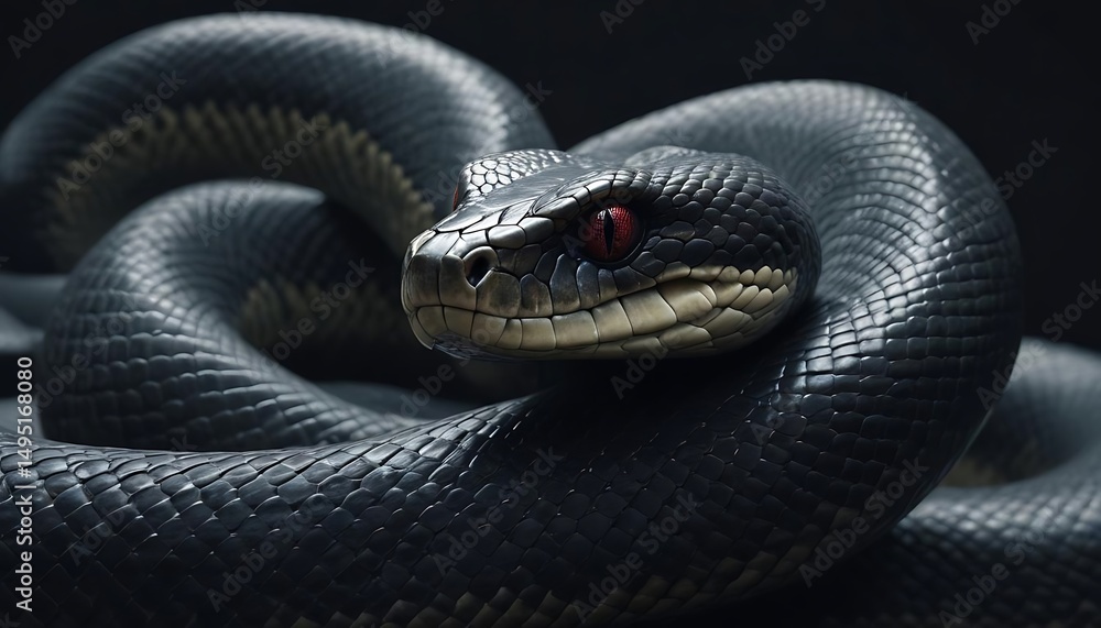 Obraz premium Captivating close-up of a sleek black snake with piercing red eyes