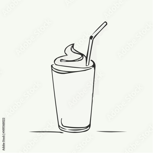 Line drawing of a glass with milkshake and straw on a light background  