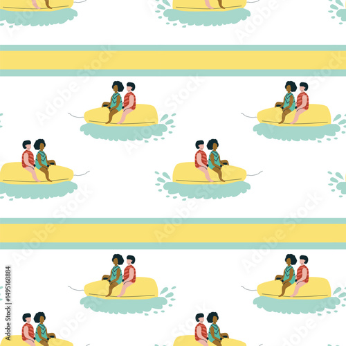 Seamless pattern of diverse couples jet skiing in repeat design.