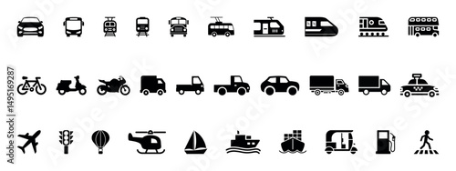 Transportation, vehicle icon set. Glyph pictograms of travel, logistics, public transit concepts, car, train, bus, bicycle, boat, ship, and airplane black silhouette vector illustration.