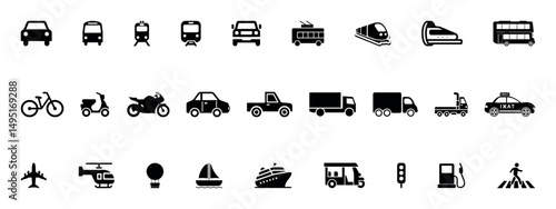 Transportation, vehicle icon set. Glyph pictograms of travel, logistics, public transit concepts, car, train, bus, bicycle, boat, ship, and airplane black silhouette vector illustration.