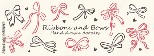 Hand drawn ribbons and bows vector illustration collection. Minimalist art for valentine, birthday greeting cards, wedding invitations, poster design, postcards, branding, frame design, background.