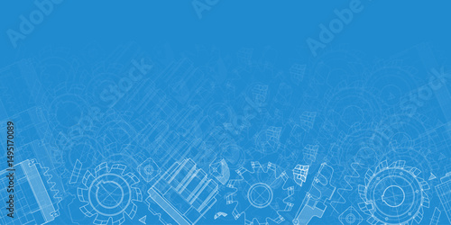 Mechanical engineering drawings on blue background. Cutting tools, milling cutter. Technical Design. Cover. Blueprint. Horizontal seamless pattern. Vector illustration.