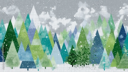 A flat design Christmas background, geometric trees, snow, and stars in muted pastel colors, vector style, minimal 