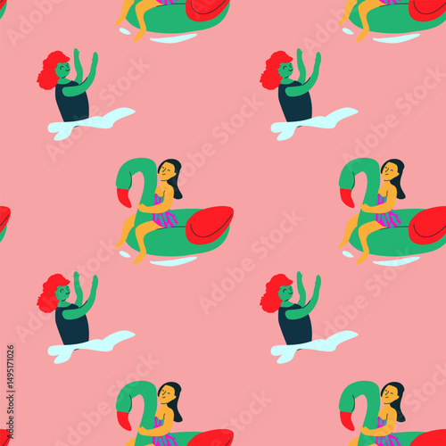 Colorful cartoon swimmers pattern with beach accessories on pink background.