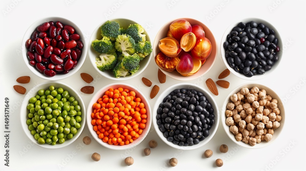 Assorted legumes and fruits in small bowls Assorted legumes and fruits in small bowls