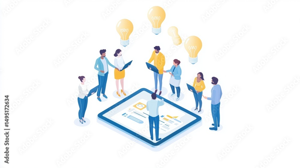 Diverse team brainstorming innovative ideas on tablet Diverse team brainstorming innovative ideas on tablet