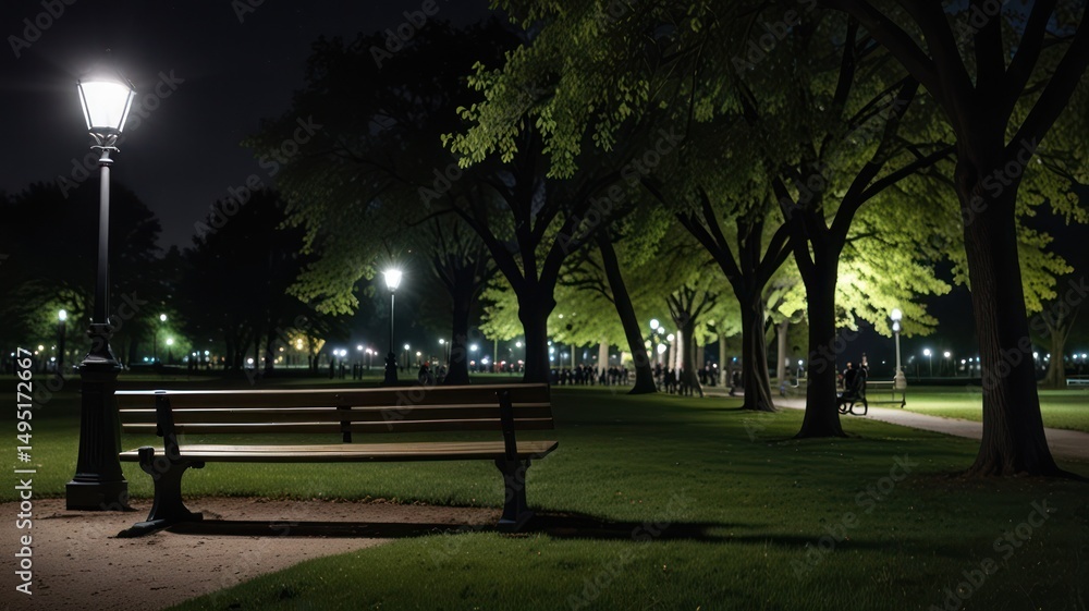Illuminated park at night with benches and trees Illuminated park at night with benches and trees